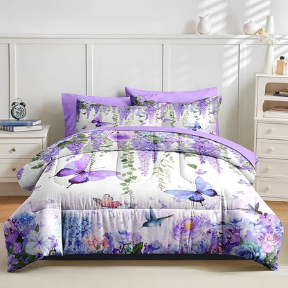 Nesker 5 Pcs Spring Comforter Set Twin Size, Purple Floral Bedding Set for Kids and Adults, Butterfly Wisteria Hydrangea Bed Sheet Sets with Fitted Sheet Pillowcase & Sham