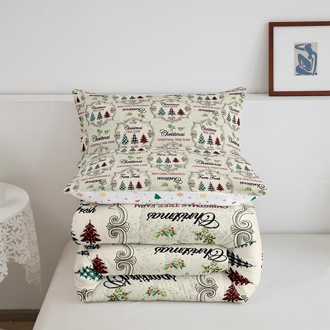 Christmas Tree Comforter Set Full Size,Kids Colorful Stars Candy Snowflake Reversible Printed Bedding Set,Girls Boys Room Decor,Red Green Plaid Quilt Set Vintage Khaki Graffiti Duvet Insert 3Pcs