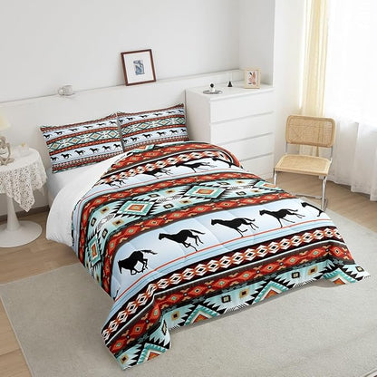 Feelyou Kids Western Decor Comforter Set Southwestern Bedding Set Toddler Size Bedroom Decor Galloping Horse Wild Western Cowboy Geometric Comforter Green Red Duvet Set with 1 Pillow Case