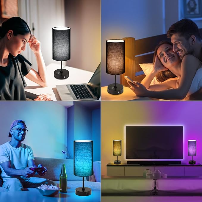 Unicozin Table Lamp for Bedroom, 3 Color Temperatures, 7 RGB Colors, Adjustable Brightness, Dual USB Charging Ports, Ambience Nightstand Light with Black Shade, Desk Lamp for Kids Reading Home Office