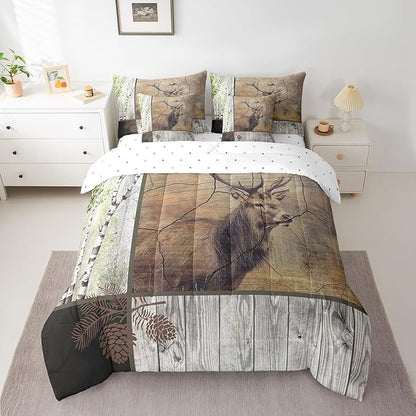 Elk Deer Comforter Set 7 Piece Bed in a Bag Twin,Xmas Moose Reindeer Bedding Sets Birch Trees Sheet Set with Comforter