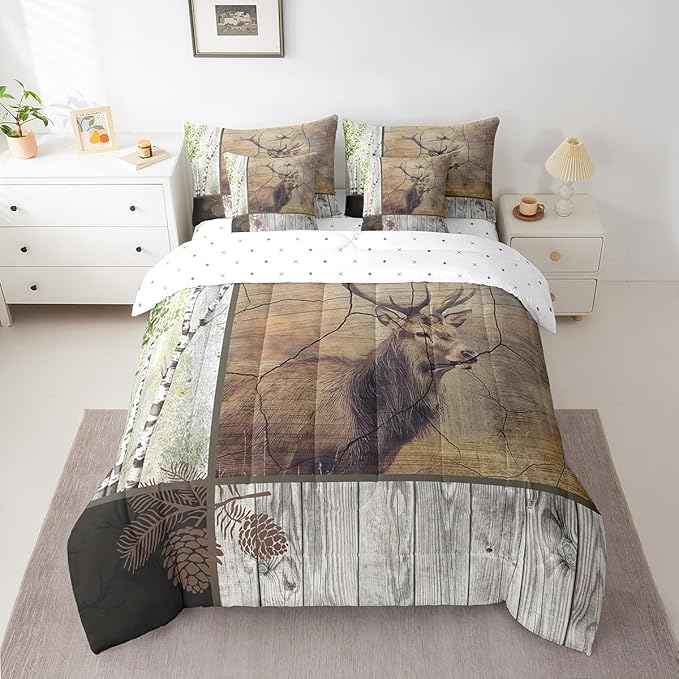 Elk Deer Bed in a Bag King Size Comforter Set 7 Pieces,Xmas Moose Reindeer Bedding Sets Birch Trees Sheet Set with Comforter