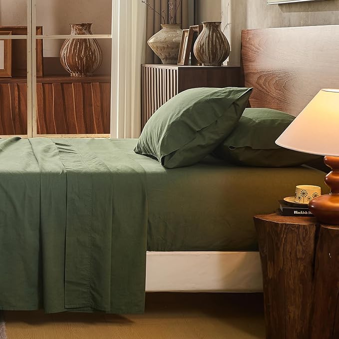 100% Linen Sheet Set Queen Size Extra Deep Pocket Fits 18-24 Inch Mattress, Breathable & Soft, Smooth 4-Piece Set for Thick Mattresses Hotel Luxury Bedding（Queen, Forest Green）