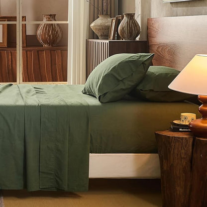 100% Linen Sheet Set Queen Size Extra Deep Pocket Fits 18-24 Inch Mattress, Breathable & Soft, Smooth 4-Piece Set for Thick Mattresses Hotel Luxury Bedding（Queen, Forest Green）