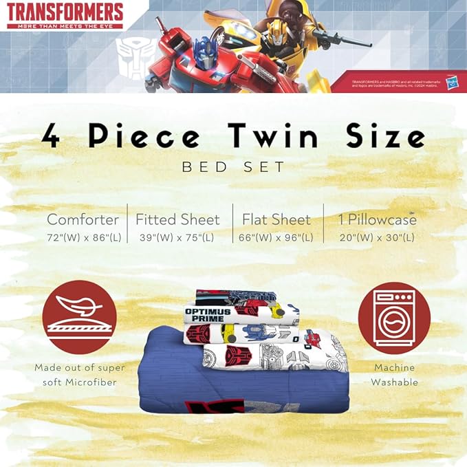 Transformers Optimus Prime Super Soft Comforter and Sheet Set with Sham, 4 Piece Twin Size, (Official Licensed Product) by Franco Collectibles