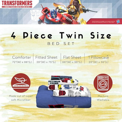 Transformers Optimus Prime Super Soft Comforter and Sheet Set with Sham, 4 Piece Twin Size, (Official Licensed Product) by Franco Collectibles