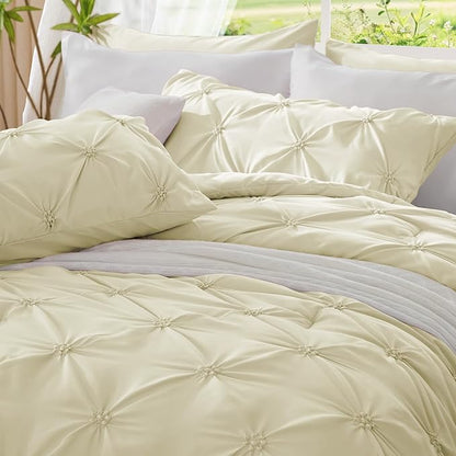 BEDELITE Beige Queen Comforter Set - 3 Pieces Boho Pintuck Bedding Comforter Sets, Lightweight Soft & Warm Bed Comforter Queen with 2 Pillowcases for All Season
