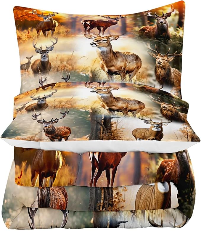 LUVIVIHOME 3PCS Rustic Deer Comforter Set Full Size, Hunting Bedding, Elk Moose Autumn Woodland Forest Animal Wildlife Camo Hunter Country Lodge Cabin Rustic Farmhouse Bedroom Decor, 2 Pillow Shams
