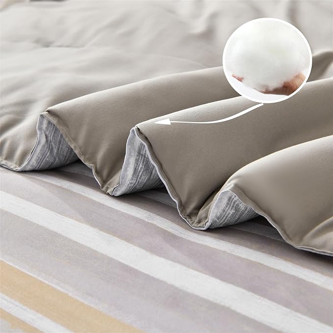KAKIJUMN 7 Piece Bed in a Bag Stripe Comforter Set King Size, White Grey Khaki Patchwork Striped Comforter and Sheet Set, All Season Soft Microfiber Complete Bedding Set(Khaki,King)