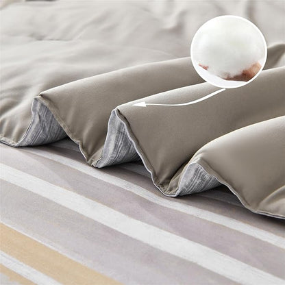 KAKIJUMN 7 Piece Bed in a Bag Stripe Comforter Set King Size, White Grey Khaki Patchwork Striped Comforter and Sheet Set, All Season Soft Microfiber Complete Bedding Set(Khaki,King)