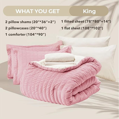 HYMOKEGE Pink/Ivory King Size Comforter Set Seersucker 7 Pieces, All Season Luxury Bed in a Bag for Bedroom, Bedding Set with Comforter, Sheets, Pillowcases & Shams