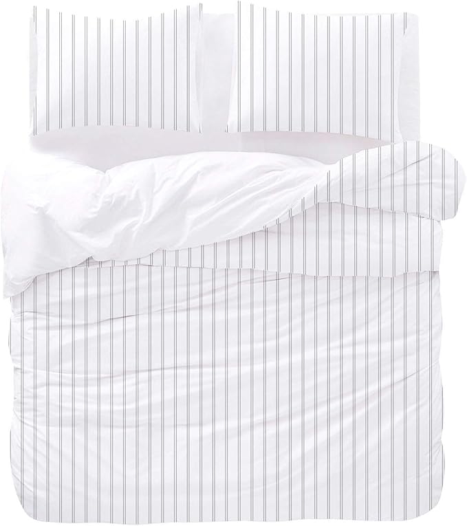 Wake In Cloud - Striped Comforter Set, Ticking Stripe Vertical Pinstripe Neutral Farmhouse Pattern Printed, Soft Lightweight Bedding, 3 Pieces, Gray White, Queen Size