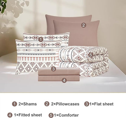 Geniospin Queen Comforter Set - 7 Pieces Reversible Bedding Set, Boho Bed in A Bag, Lightweight Soft Aztec Bedding, All Season Bed Comforter Set with Sheets, Pillowcases & Shams