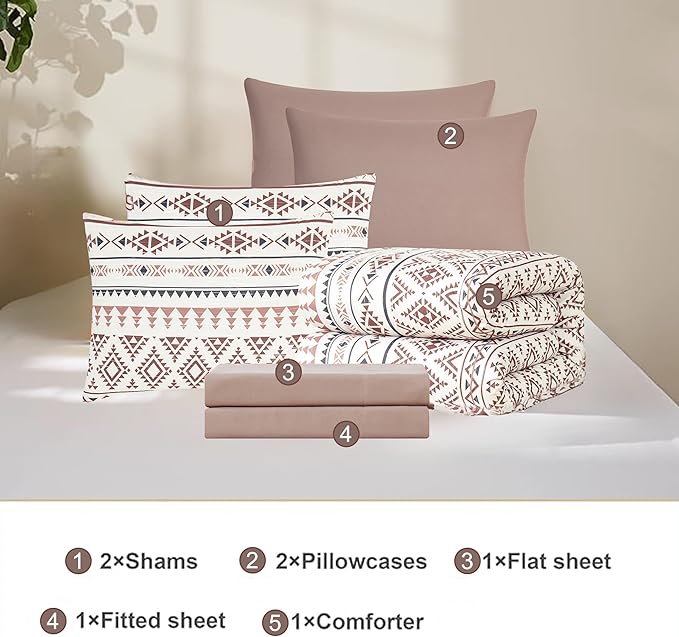 Geniospin Full Comforter Set - 7 Pieces Bed in a Bag, Comfortable Western Bedding Sets for All Seasons, Lightweight Soft Boho Comforter Bed Set with Sheets, Pillowcases & Shams