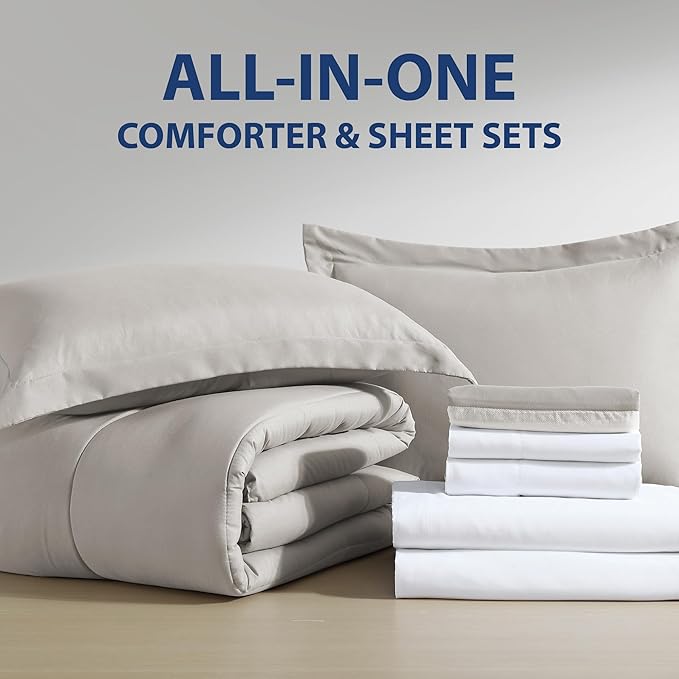 Cathay Home Basic Bedding Home Essential Ultra Soft Lightweight 8PC Wrinkle Resistant Microfiber Bed in a Bag Set (Includes Complete Sheet Set, Comforter Set & Bedskirt) - King, Taupe