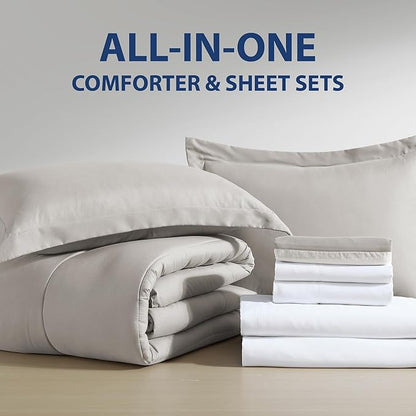 Cathay Home Basic Bedding Home Essential Ultra Soft Lightweight 8PC Wrinkle Resistant Microfiber Bed in a Bag Set (Includes Complete Sheet Set, Comforter Set & Bedskirt) - King, Taupe