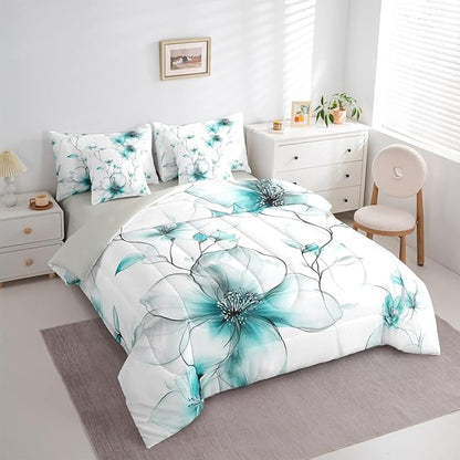 Erosebridal Boho Flower Full 7 Pcs Bedding Set, Teal Floral Comforter Set with Sheets, Ink Painting Style Blossom & Leaf Bed in A Bag, Chic Watercolor Floral Elegant Bed Sets for Women Girls Adults