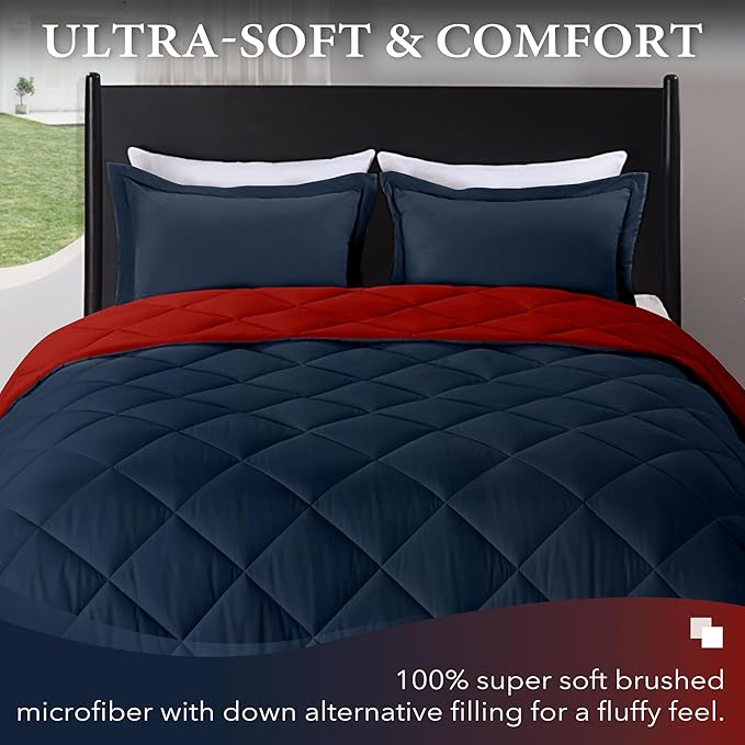 downluxe Queen Comforter Set - Red and Navy Queen Comforter, Soft Bedding Sets for All Seasons -3 Pieces - 1 Comforter (88"x92") and 2 Pillow Shams(20"x26")