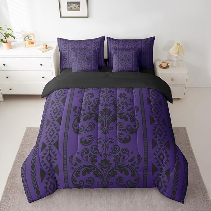 Comforter Set Twin Size, Indigo Damask Aztec 7 Pcs Bedding for Kids and Adults, Antique Decor Western Baroque Gothic Bed Sheet Sets with Fitted Sheet 2 Pillowcases & 2 Shams for Bedroom Bed Decor