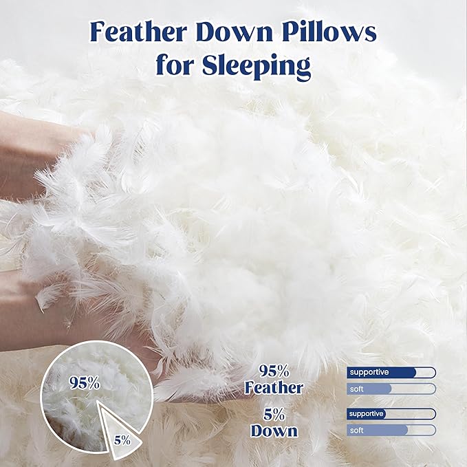 puredown® Goose Feather Down Pillows Queen Size Set of 2, 100% Cotton Cover, Luxury Hotel Collection Pillow, Soft Fluffy Medium Firm Bed Pillow for Back, Stomach or Side Sleeper.
