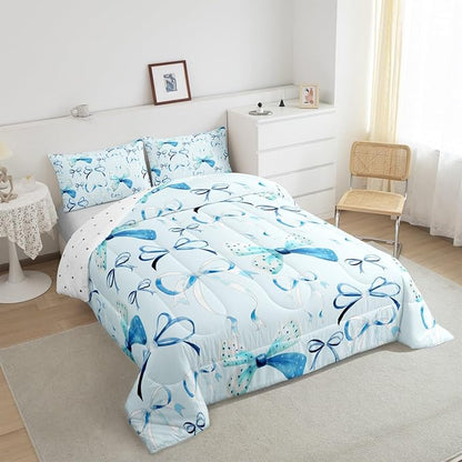 Feelyou Bow Bedding Set Boys Girls Twin Size Cute Bowknot Comforter Set for Kids Women Men Ultra Soft Blue Girls Bow Comforter Lovely Duvet Set