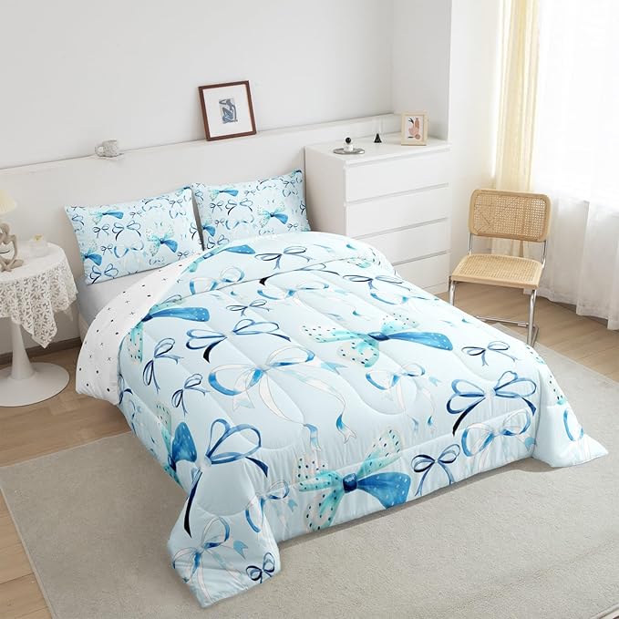 Feelyou Bow Bedding Set Boys Girls King Size Cute Bowknot Comforter Set for Kids Women Men Ultra Soft Blue Girls Bow Comforter Lovely Duvet Set