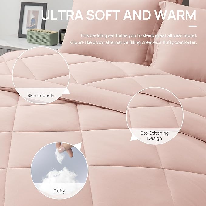 Love's cabin Twin Comforter Set Pink, 5 Pieces Twin Bed in a Bag, All Season Bedding Sets with 1 Comforter, 1 Flat Sheet, 1 Fitted Sheet, 1 Pillowcase and 1 Pillow Sham