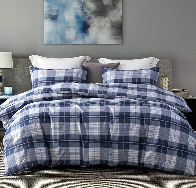 SLEEPBELLA Comforter Queen Size, 600 Thread Count Cotton Navy Blue & Grey Buffalo Pattern Blue Plaid Comforter Sets,Down Alternative Bedding Set 3Pcs (Queen, Navy Plaid)