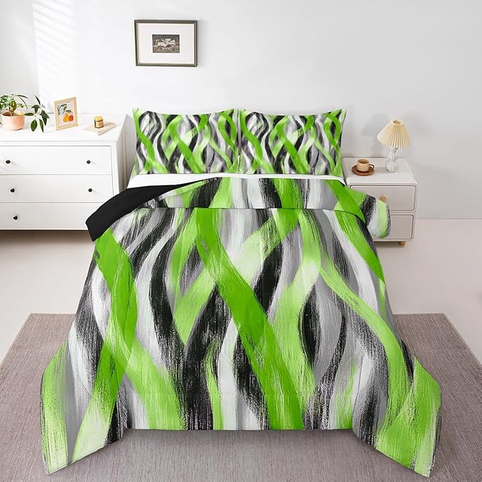 Erosebridal Geometric Stripes Comforter Twin Modern Abstract Comforter Set Grey Black Lime Green Bedding Set for Kids Boys Teen Men Swirl Lines Quilt Duvet Room Decor 2 Pcs