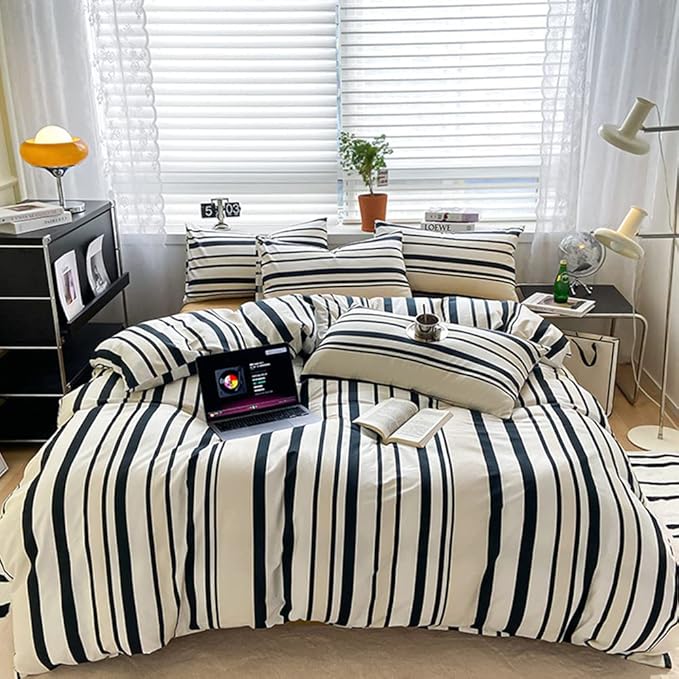 CLOTHKNOW Striped Queen Comforter Set Black White Beige Bedding Comforter Sets Farmhouse Comforters Black White Queen Comforter with 2 x Pillowcases