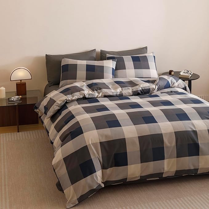 KAREVER Gingham Checkered Comforter Twin Navy Blue Plaid Bedding Set Boys Girls Colorful Grid Cottagecore Blanket Twin