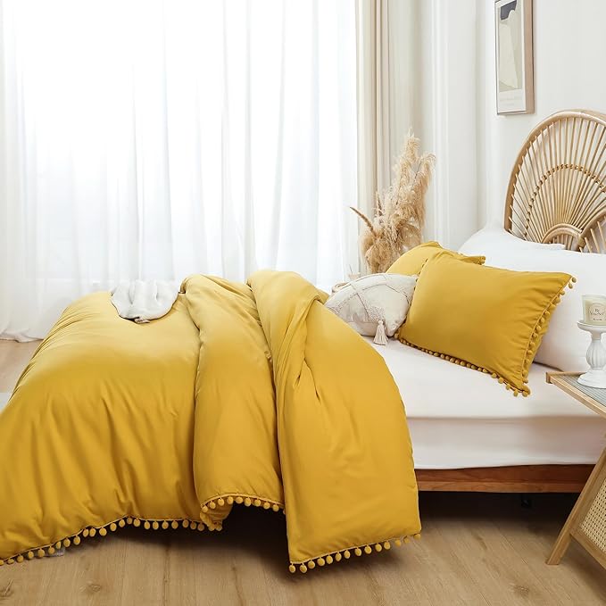 YIRDDEO King Size Comforter Set - King Size Comforter with Ball Pom Fringe, Soft King Bedding Set for All Seasons - 3 Pieces, 1 Comforter (104"x90"inches) & 2 Pillow Shams(20"x36"), Mustard Yellow