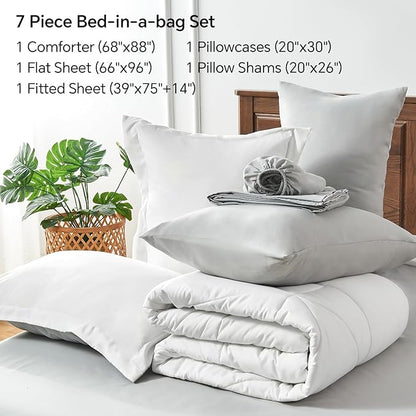 BEDELITE Twin Comforter Set 5 Pieces Bed in A Bag - Soft Microfiber Reversible White Bed Set with Comforters, Sheets, Pillowcase & Sham, Cozy Luxury Bedding Sets for All Season