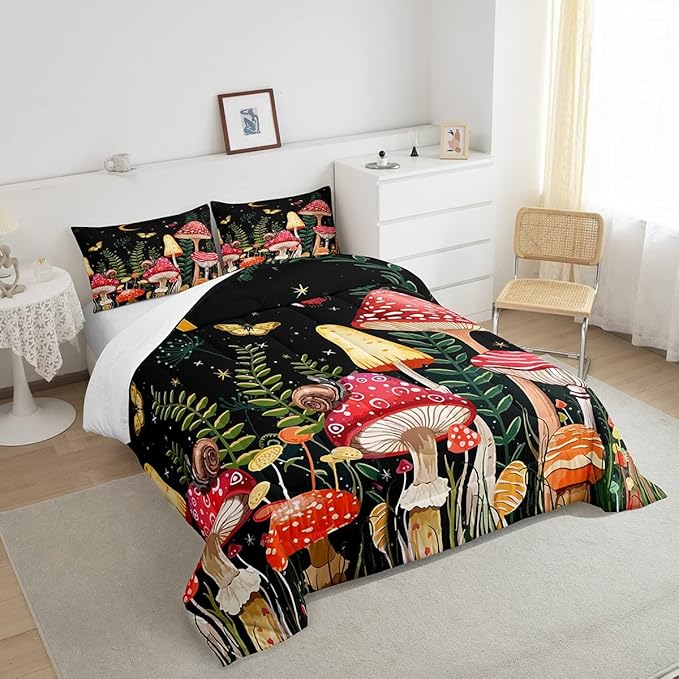 Feelyou Kids Mushroom Bedding Set Natural Wild Fungus Comforter Set for Kids Boys Girls Botanical Plants Duvet Set Butterfly Comforter 1 Comforter Set with 1 Pillowcase Toddler Size