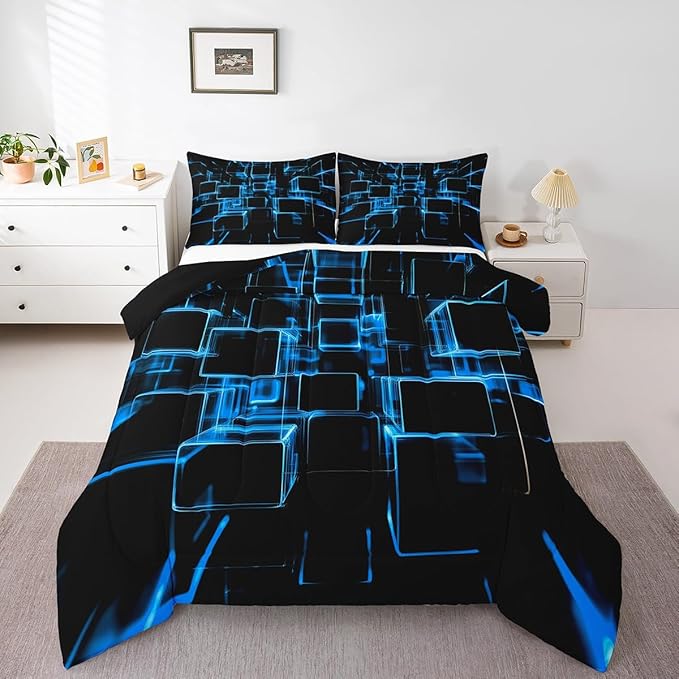 Erosebridal Blue and Black Kids Comforter Set, Modern Geometric Square Bedding for Boys Girls Gradient Neon Light Honeycomb Duvet Insert Abstract Bed Set Twin 2 Pieces