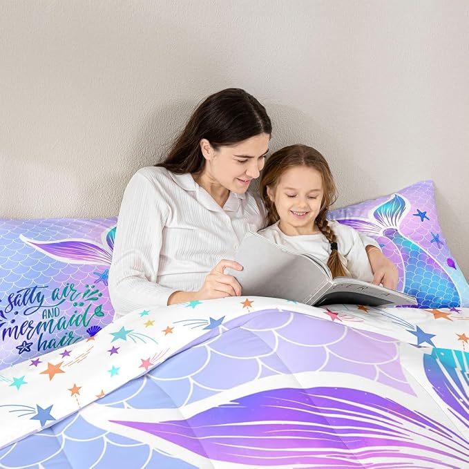 Mermaid Tail Comforter Set Kids Girls Fish Scales Cute Bedding Set Twin,Girly Shell Starfish Duvet Insert Ocean Life Sea Animal Duvet Stuffing Pastel PInk Teal Blue Purple Kawaii Room Decor