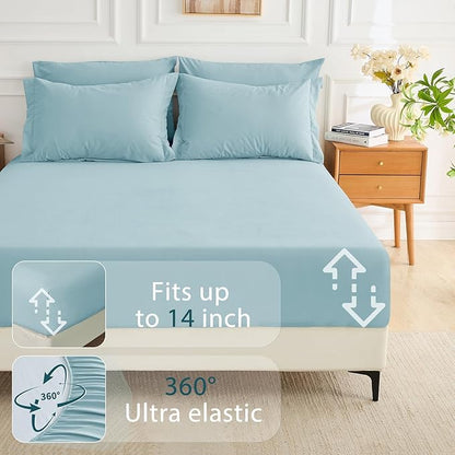 MUXHOMO 7 Pieces California King Comforter Set, Soft Bed in a Bag Cal King Size, All Season Bedding Set with Comforter, Flat Sheet, Fitted Sheet, Pillowcases & Shams, Lake Blue