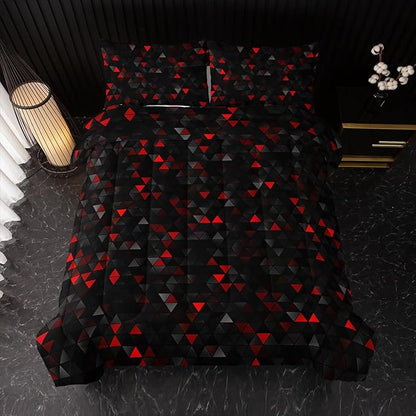 Geometric Red Black Comforter Set,Triangle Honeycomb 3 PCS Bedding Set Queen Size for Teen Adult,Modern Quilt Set Geometry Decor,Microfiber Lightweight 1 Comforter 2 Pillowcases