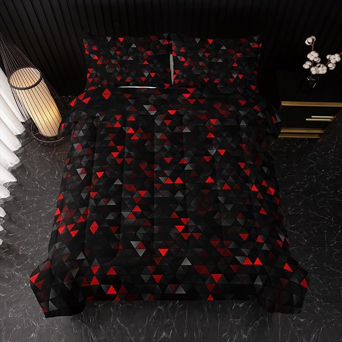 Geometric Red Black Comforter Set,Triangle Honeycomb 3 PCS Bedding Set King Size for Teen Adult,Modern Quilt Set Geometry Decor,Microfiber Lightweight 1 Comforter 2 Pillowcases