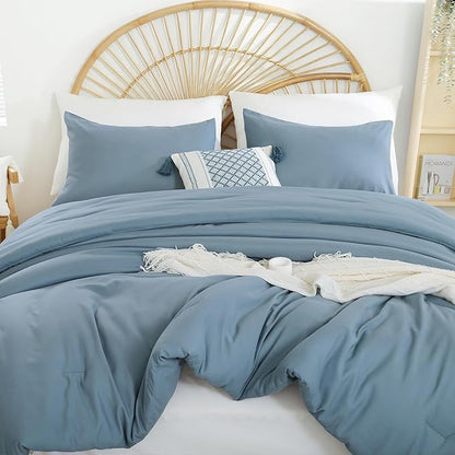weigelia Dusty Blue Comforter Queen Size 3PCS Bed Comforter with 2 Pillowcases - Ligtweight Soft Solid Blue All Season Queen Comforter Bed Set - Boho Aesthetic Bedding Set for Men and Women
