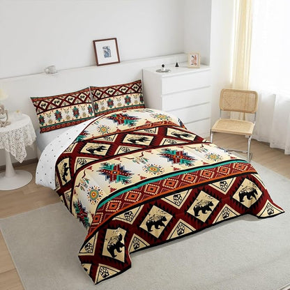 Erosebridal Black Bear Bedding Sets Exotic Bull Skull Western Comforter Set Queen,Ethnic Tribe Arrow Aztec Quilt Indian Tribal Geometric Diamond Triangle Duvet Insert,Bohemian Western Decor,Red