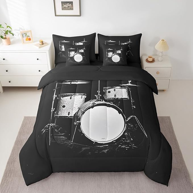 Erosebridal Drum Set 7 Piece Bedding Set Full Size,Musical Instrument Bed in a Bag,Hip Hop Music Bed Set Includes Comforter, Sheet Set, Pillowcases & Pillow Covers All Season Bedroom Decor