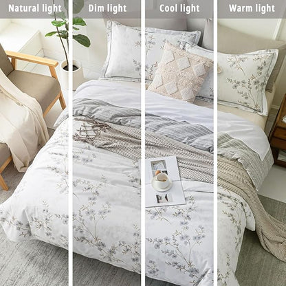 Vintage Botanical White Cotton Comforter King Size - Elegant Gray Flowers and Taupe Branches on White, Light Gray Striped Back, 3PC Lightweight Bedding Set with Ultra-Soft Alternative Fill