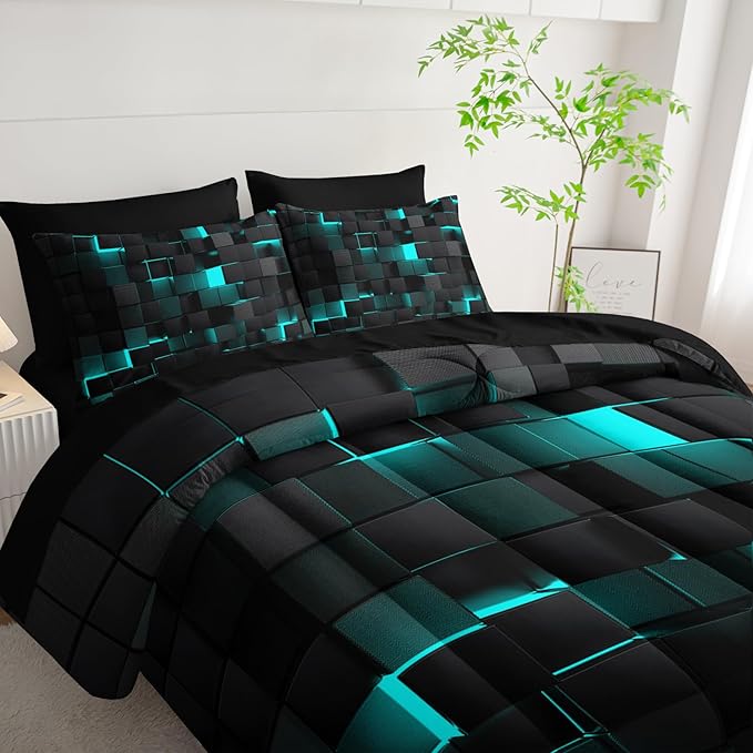 Geometric Turquoise Black Queen Comforter Set,Light Honeycomb Bedding Set 7 Piece in A Bag,Bed Sheet Set Geometry Decor,Microfiber Lightweight All Season