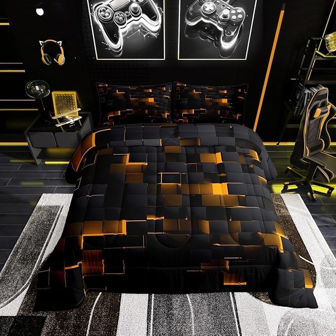 Erosebridal Black and Orange Comforter Set Queen Neon Geometric Checkered Bedding Set for Kids Boys Adults Men,Stereoscopic Grid Plaid Comforter Glowing Square Bed Duvet Set 3 Pcs