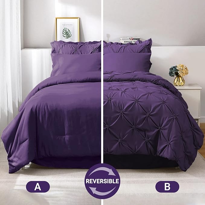 JOLLYVOGUE Purple Twin Size Comforter Sets 5 Pieces, Pintuck Bed in a Bag Comforter Set for Bedroom, Bedding Comforter Sets with Comforter, Sheets,Ruffled Shams & Pillowcases