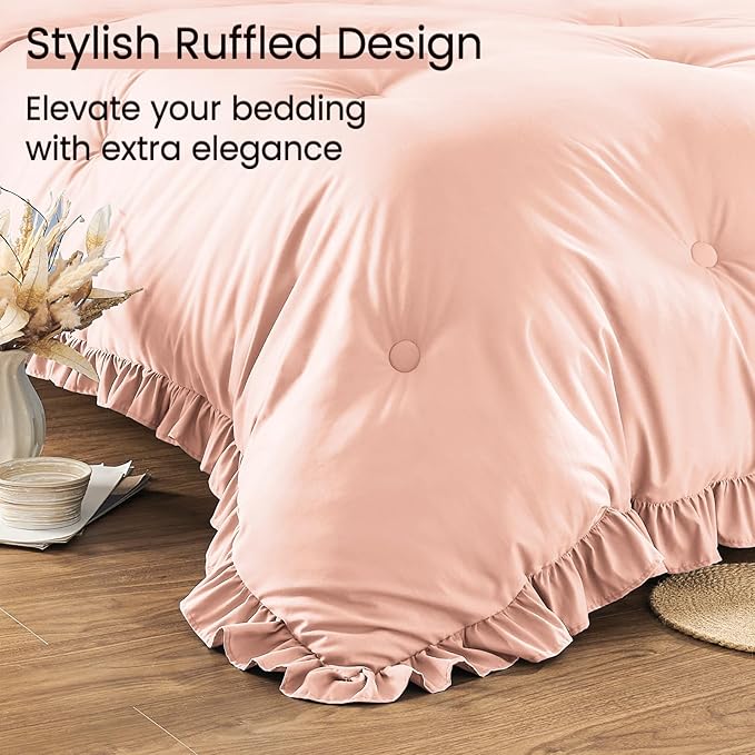 QUIETSEA King Size Bed in a Bag 7 Pieces King Size Comforter Set, Ruffle Shabby Chic Bedding Comforter Set Pink Bed Set with Comforter, Pillowcases, Flat Sheet, Fitted Sheet and Pillow Shams