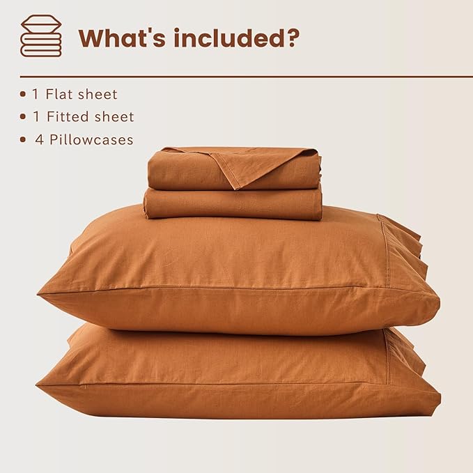 Bedlifes 100% French Flax Linen Sheets Set Queen Size - 6 Piece Extra Deep Pocket 18-24",Soft Breathable Queen Bed Sheets with Temperature Regulating & Moisture-Wicking(Brown