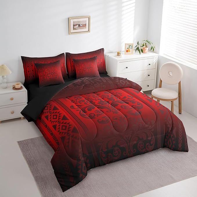 Comforter Set King Size, Flame Red Aztec Damask 7 Pcs Bedding for Kids and Adults, Western Bohemian Goth Floral Victorian Bed Sheet Sets with Fitted Sheet 2 Pillowcases & 2 Shams for Bedroom Bed Decor
