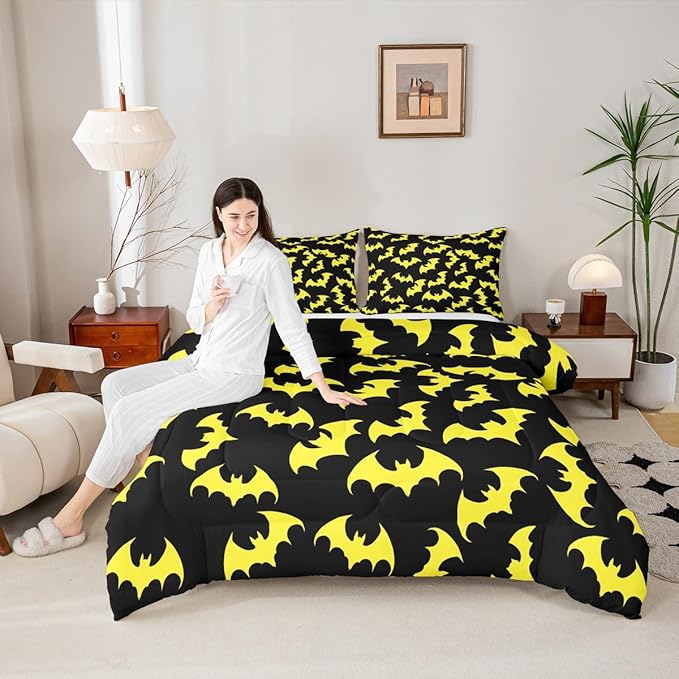 Erosebridal Yellow Bat Toddler Comforter Halloween Bat Bedding Set Spooky Goth Gothic Animal Duvet Insert Horror Halloween Bed Sets for Kids Teens Adults